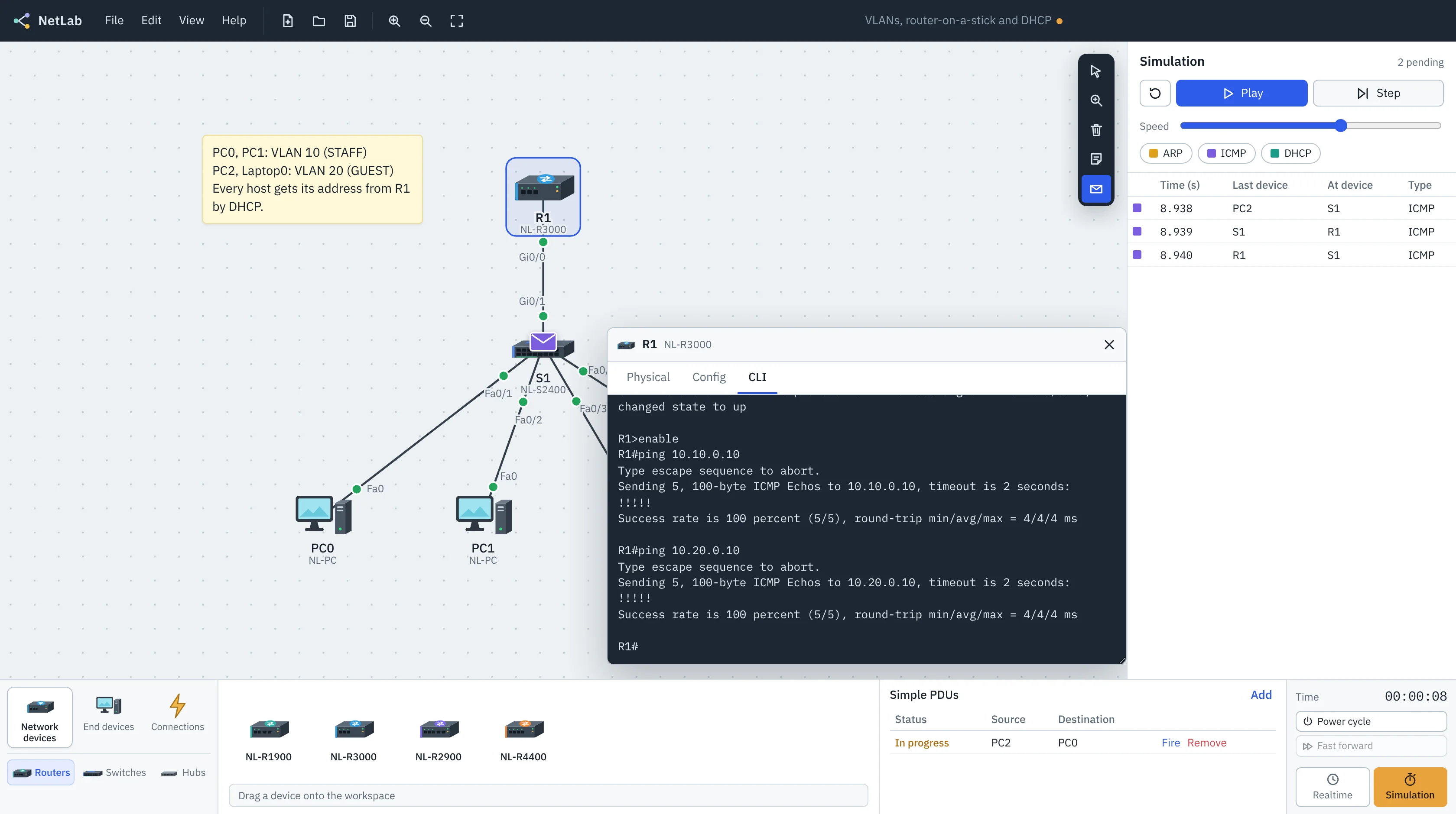 NetLab in simulation mode: a router-on-a-stick topology with an ICMP packet on the wire, the router's command line showing successful pings, and the event list.